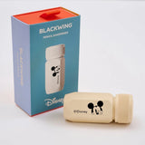 This premium pencil sharpener is made of machined aluminum and sharpens your pencils to a strong, curved point. The cream-colored sharpener features a Mickey Mouse illustration and printed Disney logo on the side in black.