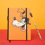 This medium notebook includes 160 pages of 100GSM blank paper and a matte hardcover featuring Goofy and Pluto. It also has a built-in pencil holster that comes loaded with a Goofy Blackwing pencil.