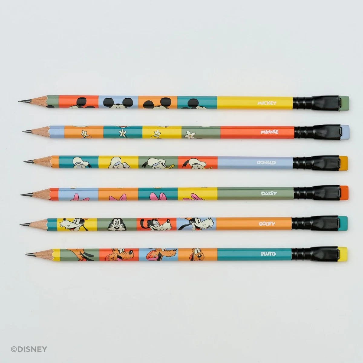 This set of 12 Blackwing pencils includes designs featuring Mickey Mouse, Minnie Mouse, Donald Duck, Daisy Duck, Goofy, and Pluto. Each pencil contains our Soft graphite core.