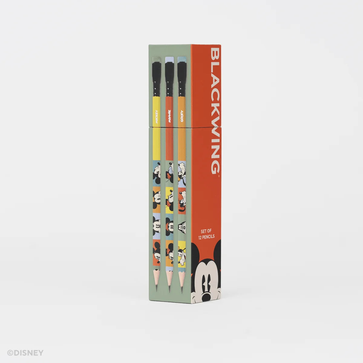 This set of 12 Blackwing pencils includes designs featuring Mickey Mouse, Minnie Mouse, Donald Duck, Daisy Duck, Goofy, and Pluto. Each pencil contains our Soft graphite core.