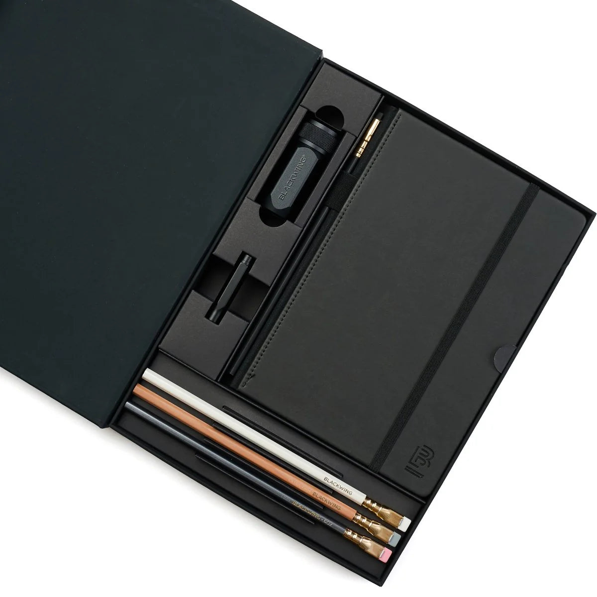A great way to get started on the Blackwing journey. Give the gift of high-quality Blackwing pencils, paper &amp; accessories — all in one box set.

Includes a Medium Black A5 Slate Notebook, each of our core pencils (602, Matte, Pearl, Natural), One-Step Long Point Sharpener, and Point Guard -- all packaged in a box set.