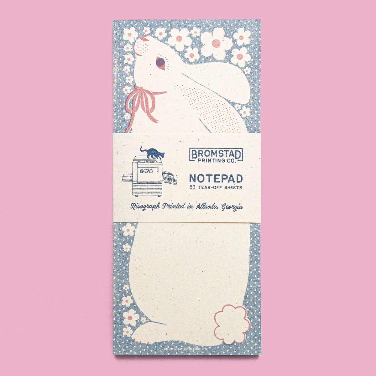 The sweetest little bunny is ready to hold your sweetest notes. Ditsy polka dots and a spray of little white flowers frame the white rabbit. Risograph printed in federal blue and light mauve.