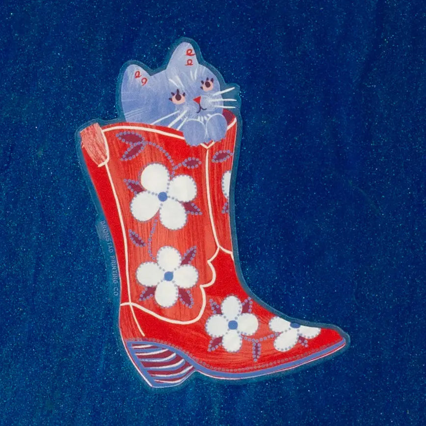 Bromstad Printing Co. - Cowboy Boot Cat Clear Vinyl Sticker

Cat in a cowboy boot! Yeehaw! This 3" cat sticker has clear edges so it pops on colorful backgrounds, making it purrfect for adorning water bottles, laptops, and more.

Waterproof
3x3