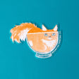 Cats are liquid, we know this. An orange boy has made himself comfy inside a clear glass bowl, fluffy tail and ears protruding. This 3" clear matte sticker is purrfect for adorning water bottles, laptops, and more. The white lines on the clear sticker pop on colorful backgrounds.