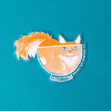 Cats are liquid, we know this. An orange boy has made himself comfy inside a clear glass bowl, fluffy tail and ears protruding. This 3" clear matte sticker is purrfect for adorning water bottles, laptops, and more. The white lines on the clear sticker pop on colorful backgrounds.