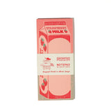 Part of the Quart Collection of charming carton-shaped notepads. Strawberry milk is sweet pink concoction for sweet scribbles. Risograph printed in bright red and seafoam ink on pink paper with red glue binding.