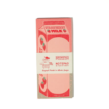 Part of the Quart Collection of charming carton-shaped notepads. Strawberry milk is sweet pink concoction for sweet scribbles. Risograph printed in bright red and seafoam ink on pink paper with red glue binding.