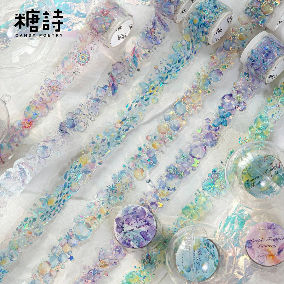 Pop these adorable new bubble themed PET Tapes into your life! These bubble themed tapes include different elements to make the bubbles even cuter such as fish, butterflies, and stars!&nbsp;

Material: PET
Size: 30mm*2000mm (1.18*78.74 inch)
Theme: Bubbles
Includes 1 roll of PET tape