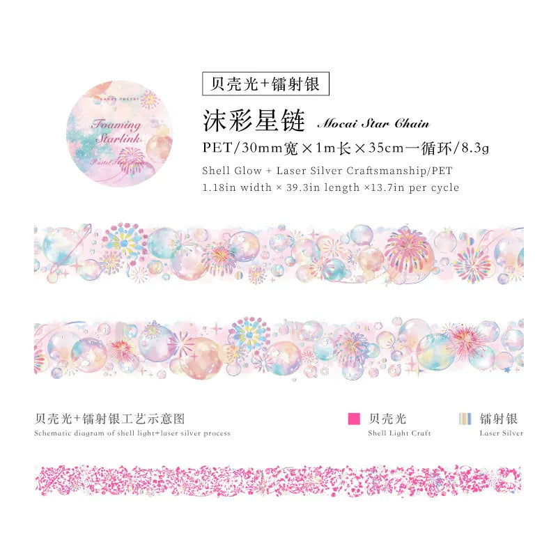 Pop these adorable new bubble themed PET Tapes into your life! These bubble themed tapes include different elements to make the bubbles even cuter such as fish, butterflies, and stars!&nbsp;

Material: PET
Size: 30mm*2000mm (1.18*78.74 inch)
Theme: Bubbles
Includes 1 roll of PET tape
