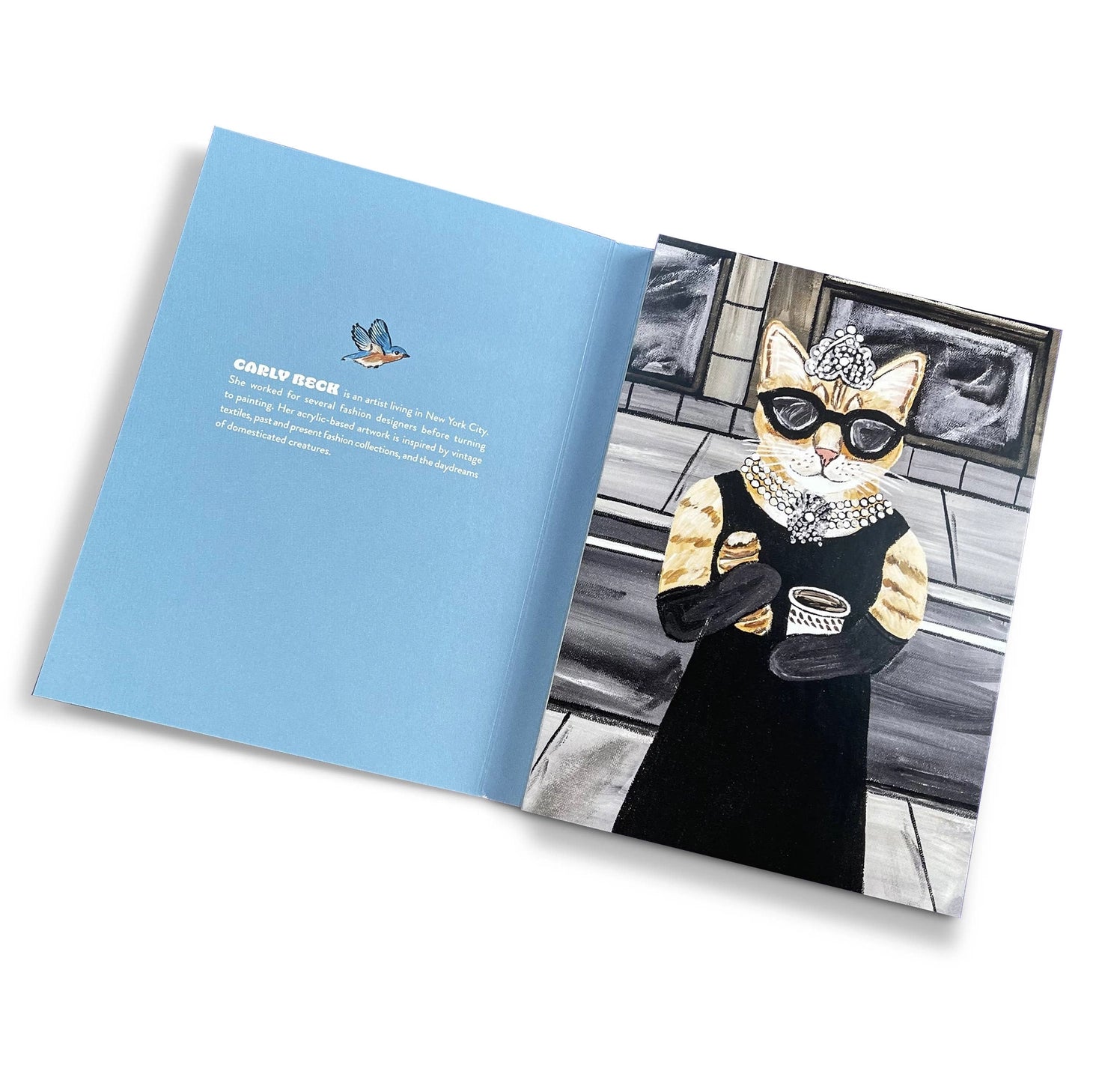 A postcard book with 10 original designs (each printed twice) of Carly Beck's acrylic paintings of cats.&nbsp;

This book of 20 postcards showcases whimsical, feline portraits. These cool cats are outfitted in fashionable clothing and accessories. Each kitty is striking a pose against a backdrop of colorful wallpaper or a quaint city scene. Flip through the postcard book to find your favorite tabby being a fashionista.

20 full-color postcards; 5 x 7 inches.
