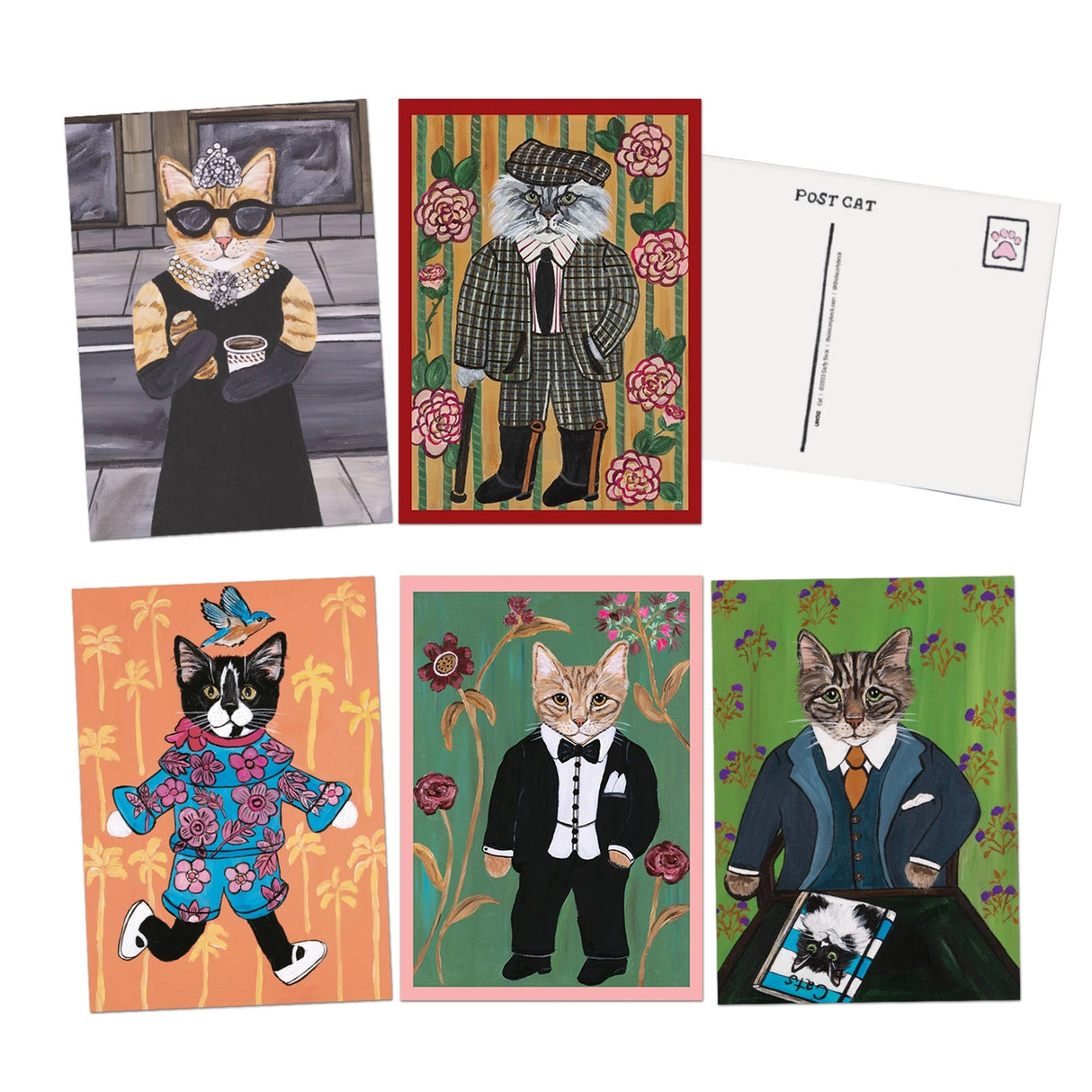 A postcard book with 10 original designs (each printed twice) of Carly Beck's acrylic paintings of cats.&nbsp;

This book of 20 postcards showcases whimsical, feline portraits. These cool cats are outfitted in fashionable clothing and accessories. Each kitty is striking a pose against a backdrop of colorful wallpaper or a quaint city scene. Flip through the postcard book to find your favorite tabby being a fashionista.

20 full-color postcards; 5 x 7 inches.