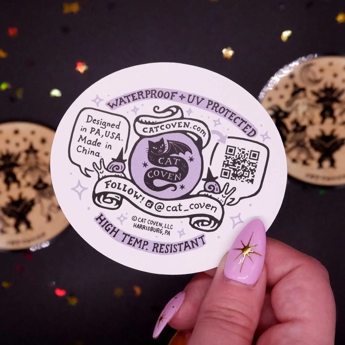 Cat Coven - Circle of Friends Vinyl Sticker

Celebrate your love for Halloween with this new circle of friends vinyl sticker! This sticker is perfect for your journal, water bottle, laptop, and more.

Waterproof, UV protected &amp; high temperature resistant
3.5 x 3.3 inches
Colors may vary slightly from your computer screen to real life product