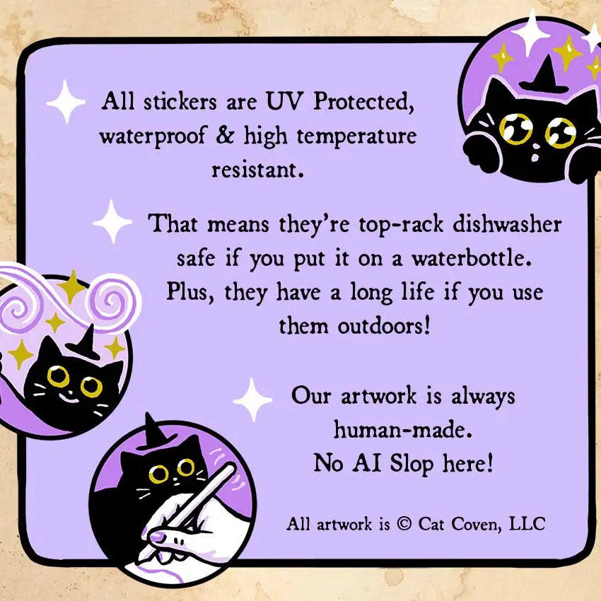 Cat Coven -&nbsp;Halloween Frogs Holographic Vinyl Sticker

Celebrate your love for Halloween with this cute new Halloween frogs vinyl sticker! This sticker is perfect for your journal, water bottle, laptop, and more.

Waterproof, UV protected &amp; high temperature resistant
3 x 3.7 inches and holographic!
Colors may vary slightly from your computer screen to real life product