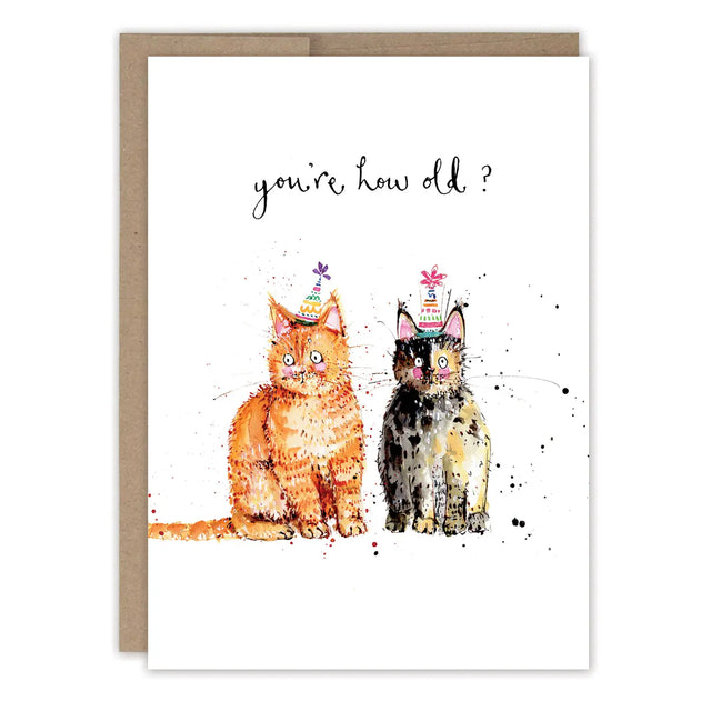 Cats You're How Old? Birthday Card

Inside verse: You're the purrr-fect age! Happy Birthday

• Size: A6, 4.6" x 6.4"
• Illustrated by Louise Mulgrew
• Paired with a Kraft envelope
• Printed in the USA on high-quality recycled post-consumer waste paper

About The Artist: Working with gouache and watercolor, Louise designs in her tiny studio in Brighton, England, inspired by her love of all animals, and passion for the natural world. Louise was named 2023 Artist of the Year by the USA Greeting Card Associatio