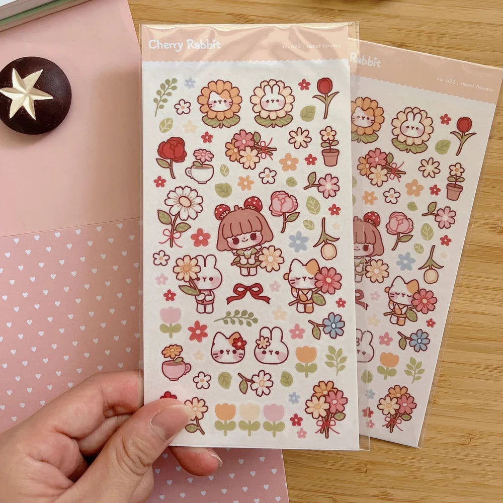 Washi paper stickers! Decorate your planner / diary with these little stickers of cute flower themed illustrations 🌼🌻🌸🌷

Kiss cut sticker sheet
Sheet size: 9 x 18 cm
Material: Washi sticker / Masking sticker