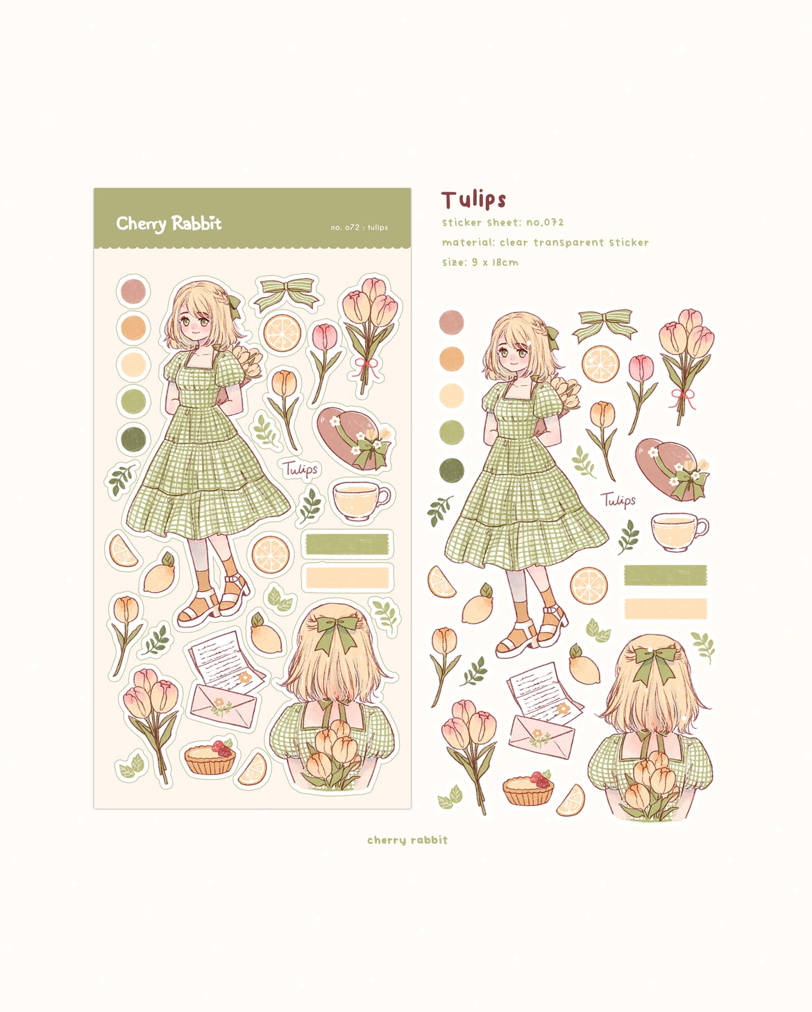 Cherry Rabbit Tulips Sticker Sheet No. 72

Kiss cut sticker sheet

Sheet size: 9 x 18 cm

Material: Washi sticker / Masking sticker