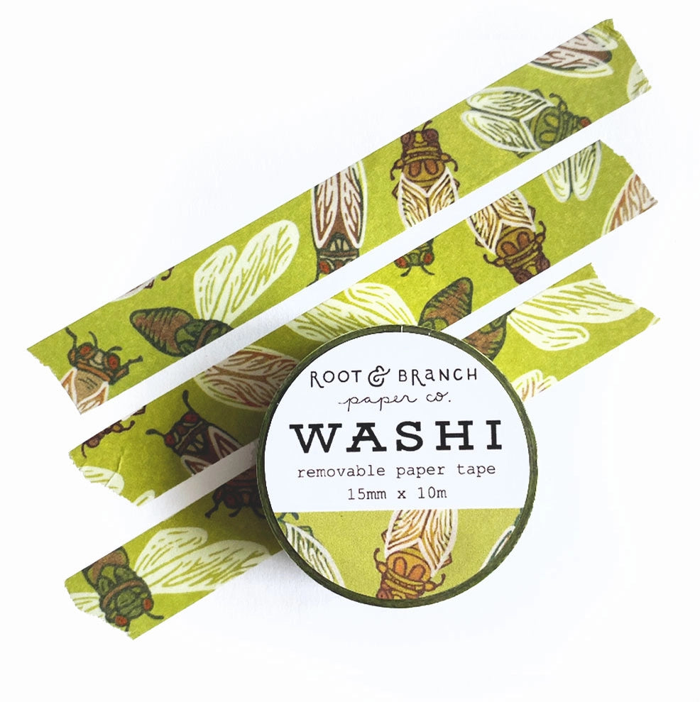  Our cicada washi tape is a vibrant green tape created in homage to the loudest bug on the block: the cicada! This is a lightweight decorative tape printed on traditional rice paper. It is removable and leaves no residue, making it perfect for scrapbooking, stationery, crafts and more. Featuring a collection of complementary nature inspired designs that bring a pop of color to all your projects! Perfect for gifting and arts + crafts displays.

Tape dimensions: 15mm x 10m, or 0.59” x 32.8’ 