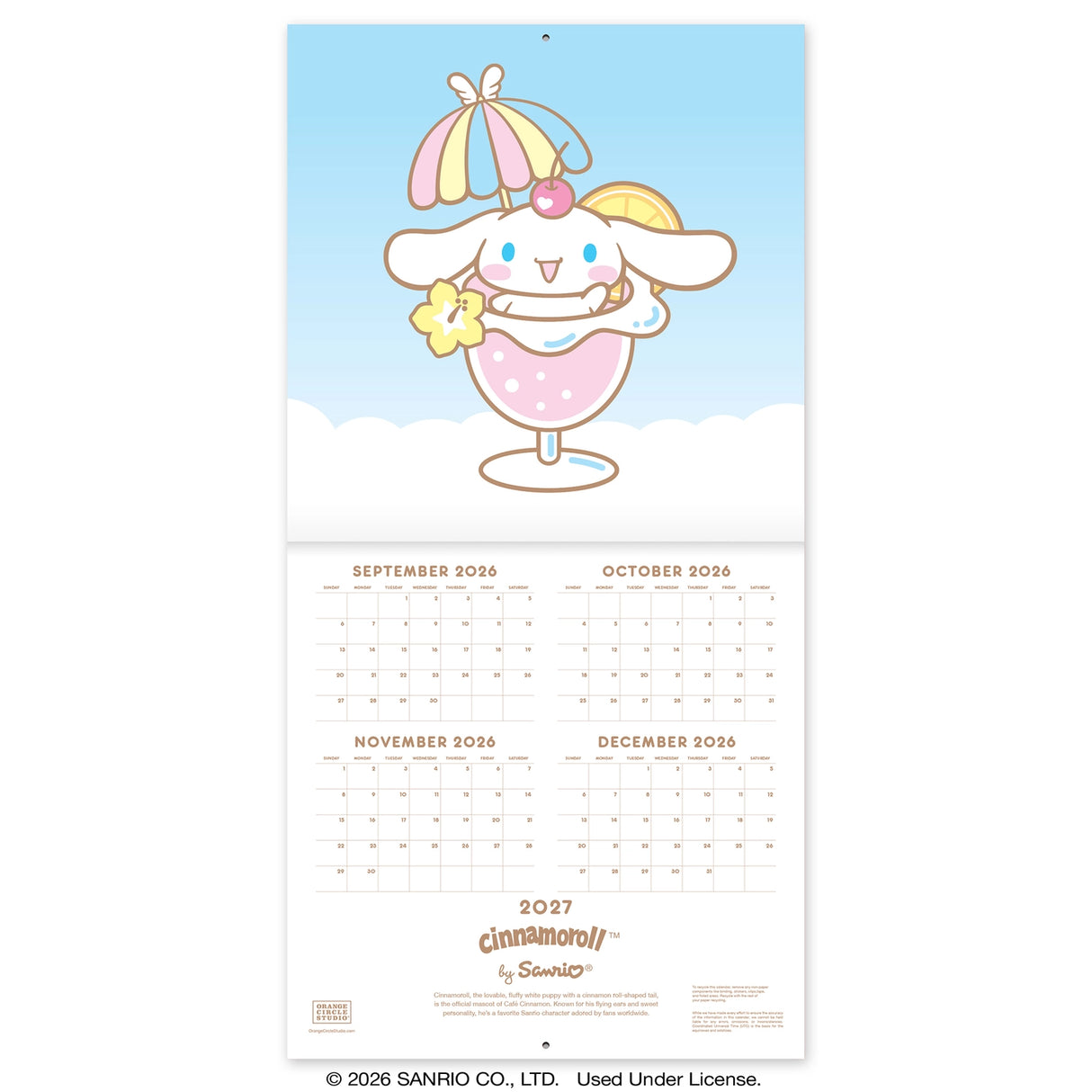 Make 2027 your best year yet with this classic 12" × 12" Cinnamoroll™ Wall Calendar (Jan.–Dec. 2027). Filled with adorable artwork, this 12-month calendar doubles as cheerful wall décor, brightening any space while helping you stay organized all year.

• 12"w x 12"h closed 
• 12 months (Jan.–Dec. 2027) • 13 pages; 150 gsm acid-free, FSC®-certified paper 
• Saddle-stitch binding 

© 2026 SANRIO CO., LTD. Used Under License.

