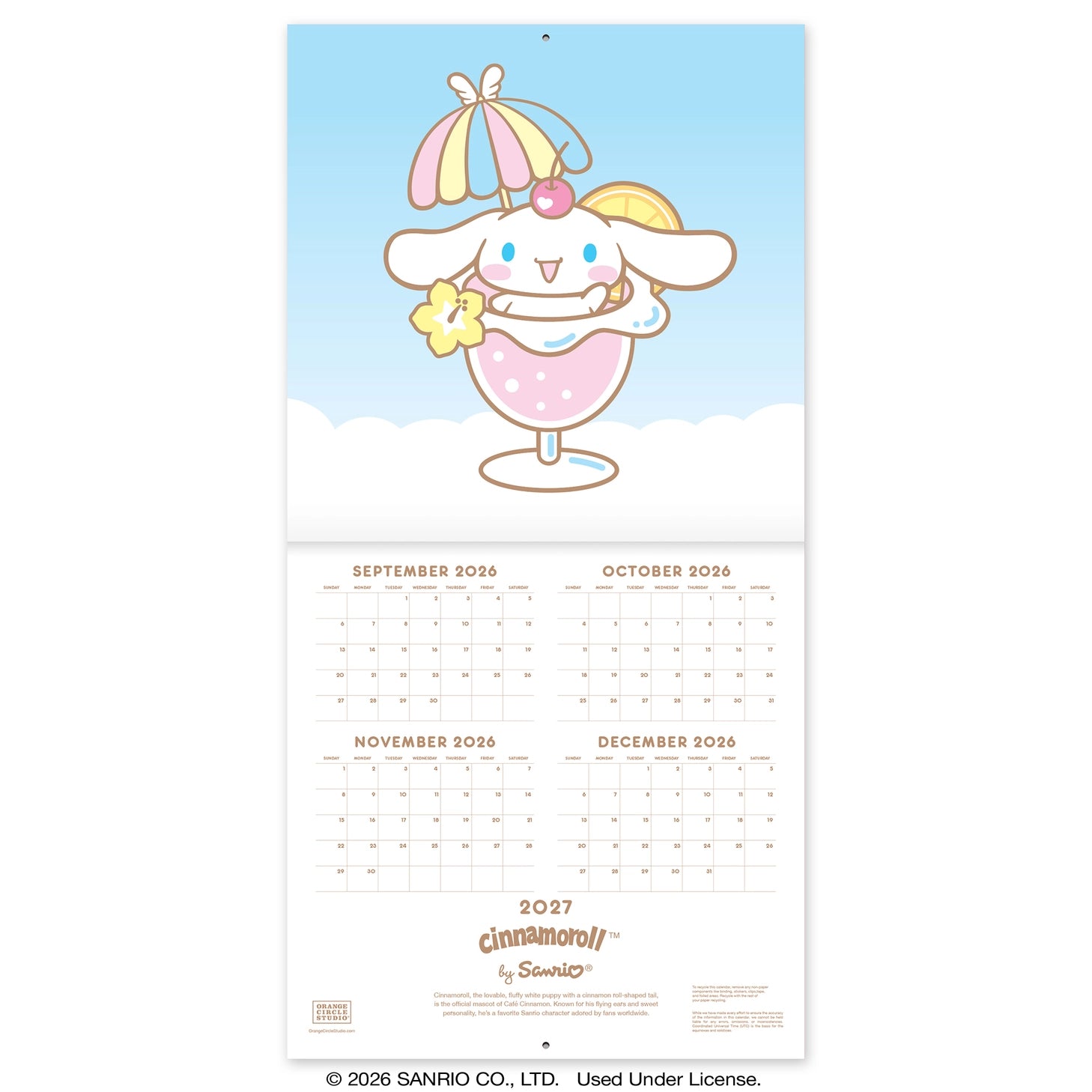 Make 2027 your best year yet with this classic 12" × 12" Cinnamoroll™ Wall Calendar (Jan.–Dec. 2027). Filled with adorable artwork, this 12-month calendar doubles as cheerful wall décor, brightening any space while helping you stay organized all year.

• 12"w x 12"h closed 
• 12 months (Jan.–Dec. 2027) • 13 pages; 150 gsm acid-free, FSC®-certified paper 
• Saddle-stitch binding 

© 2026 SANRIO CO., LTD. Used Under License.

