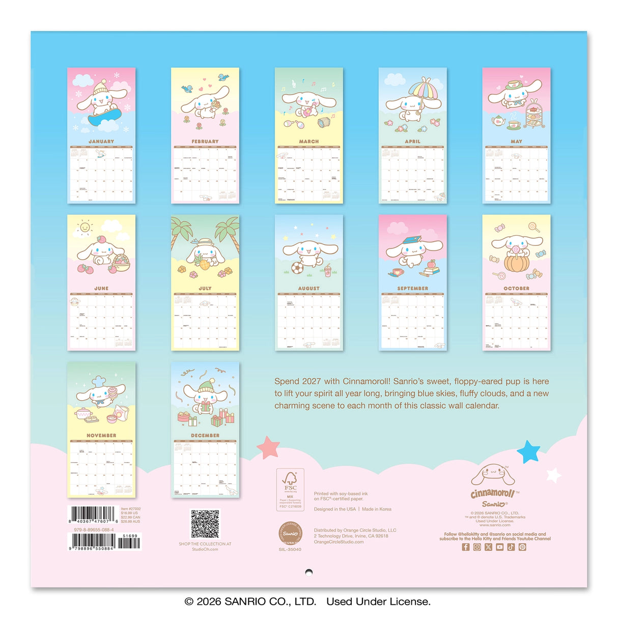 Make 2027 your best year yet with this classic 12" × 12" Cinnamoroll™ Wall Calendar (Jan.–Dec. 2027). Filled with adorable artwork, this 12-month calendar doubles as cheerful wall décor, brightening any space while helping you stay organized all year.

• 12"w x 12"h closed 
• 12 months (Jan.–Dec. 2027) • 13 pages; 150 gsm acid-free, FSC®-certified paper 
• Saddle-stitch binding 

© 2026 SANRIO CO., LTD. Used Under License.

