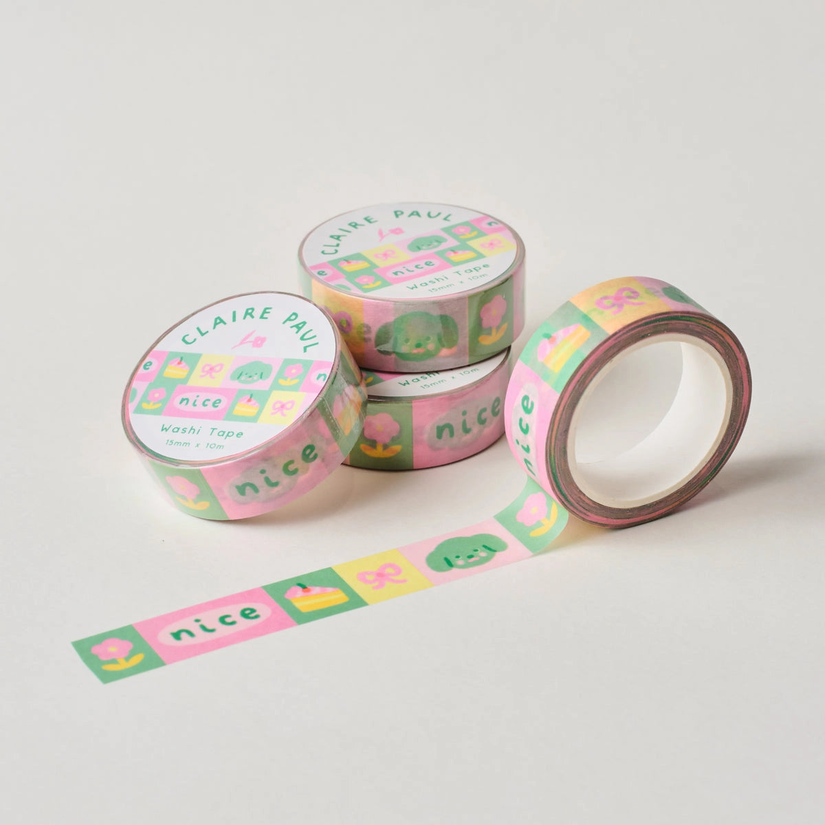 Very cute washi tape featuring nice little illustrations of a dog, cake, flower and bow!

This paper masking tape is perfect for decorating your bullet journal and planners, scrapbooking & gift wrapping. It'll add some fun and colour to any surface and is easy to peel off.