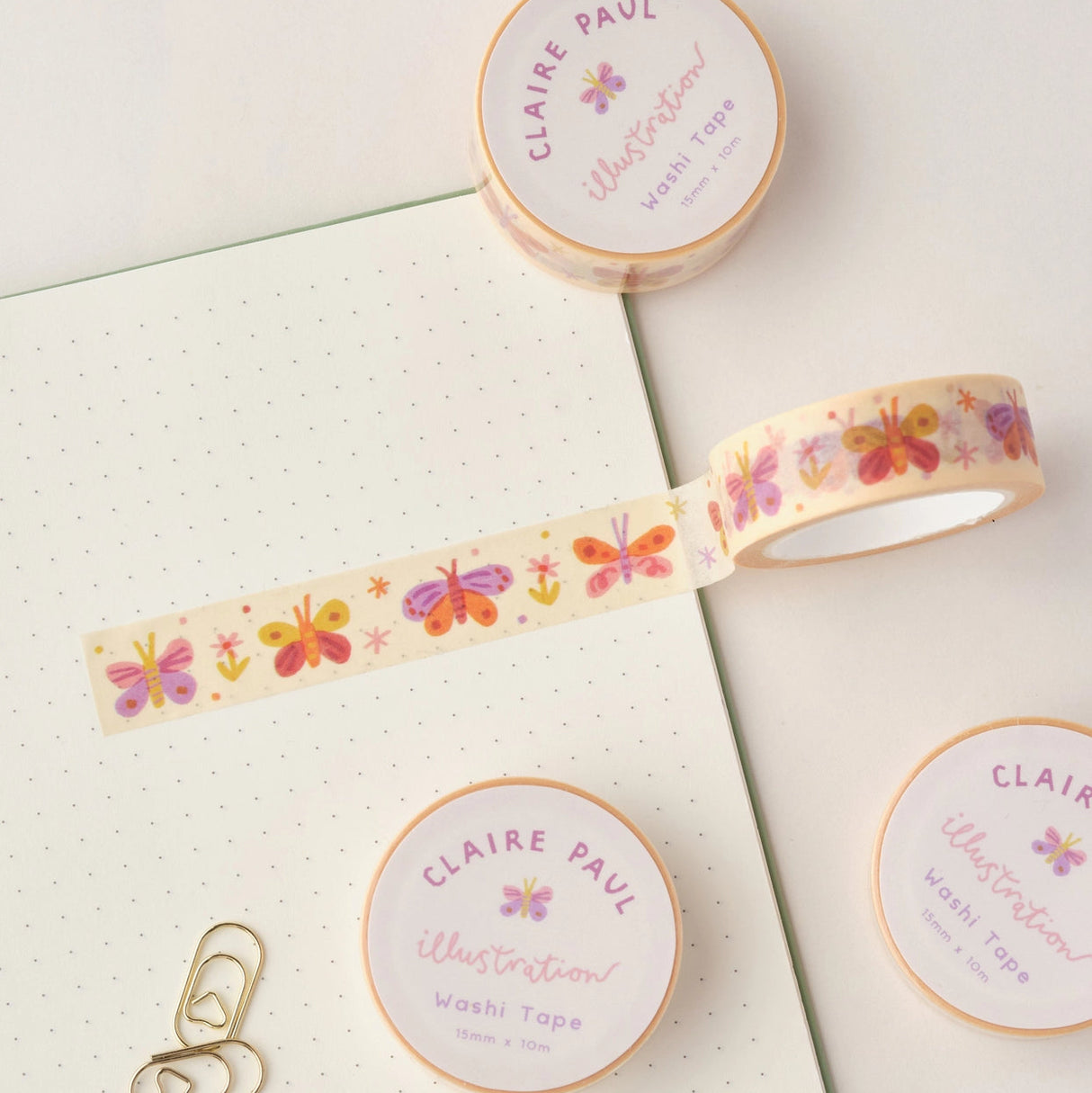 Cute washi tape with a butterfly pattern in pastel colours.

This paper masking tape is perfect for decorating your bullet journal and planners, scrapbooking &amp; gift wrapping. It'll add some fun and colour to any surface and is easy to peel off.

10m x 15mm