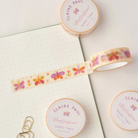 Cute washi tape with a butterfly pattern in pastel colours.

This paper masking tape is perfect for decorating your bullet journal and planners, scrapbooking &amp; gift wrapping. It'll add some fun and colour to any surface and is easy to peel off.

10m x 15mm