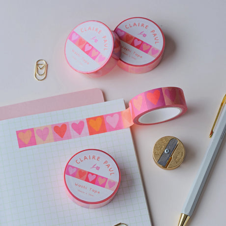 Cute &amp; colourful washi tape with a multi shades of pink love hearts design! Perfect for Valentine's Day.

This paper masking tape is perfect for decorating your bullet journal and planners, scrapbooking &amp; gift wrapping. It'll add some fun and colour to any surface and is easy to peel off.

10m x 15mm