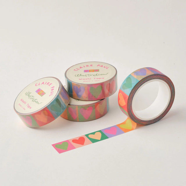 Cute &amp; colourful washi tape with a multi-coloured love hearts design! Perfect for Valentine's Day.

This paper masking tape is perfect for decorating your bullet journal and planners, scrapbooking &amp; gift wrapping. It'll add some fun and colour to any surface and is easy to peel off.

10m x 15mm