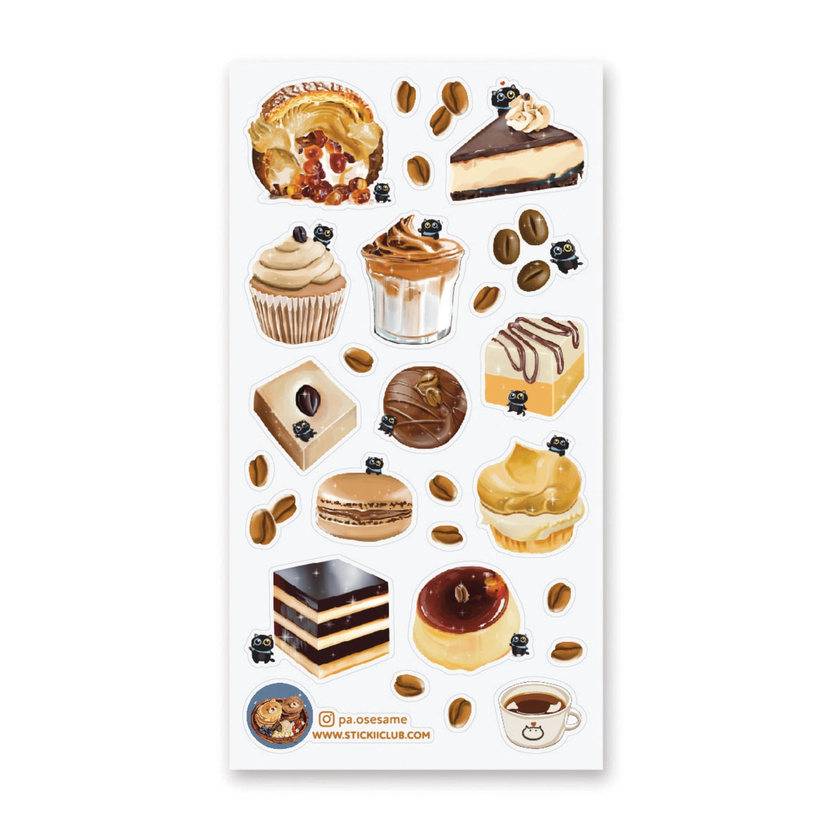 Someone somewhere decided coffee on its own wasn’t enough and a whole host of coffee-flavored sweeties were born! @pa.osesame ‘s little black cat loves them, and so do we.

Art by: @pa.osesame

Top Coating: None

Adhesive Layer: Paper

Backing Layer: Clear PET

6.69" x 3.54". Weight - 0.03lbs.

1 sheet included