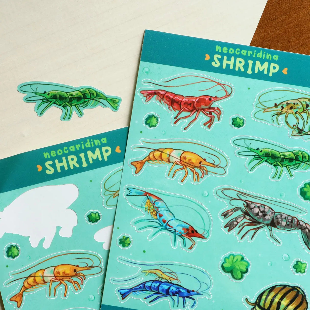 A sticker sheet full of various neocaridina shrimp, a dwarf lobster, nerite snail, and moss balls. 8 Total large stickers, and 6 moss ball stickers.

Waterproof vinyl sticker sheet, 5"x7"
14 Peelable stickers on each sheet
Durable and waterproof
Packaged in a clear plastic sleeve.