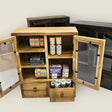 These wooden cabinets will add a beautiful decorative touch to your desk or creative space. They are also highly functional, with two drawers, and shelves of different heights. This product is handmade and an exclusive design of CoraCreaCrafts.

Important Note: This product includes the wooden cabinet only. Any decorative items on the inside are for display purposes only.

Size: 20 x 25 x 7.5cm