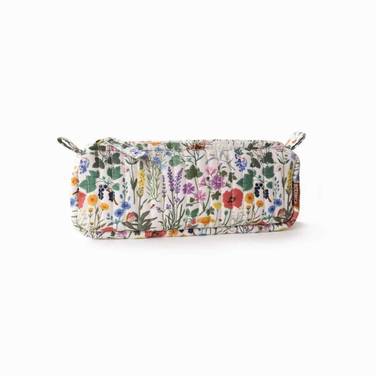 Each versatile pouch showcases premium quilted cotton in four distinct illustrated patterns, complemented by an elegant gold brass zipper with coordinating pull—adding a sophisticated finishing touch to these signature pieces.

Features:

Size: 7" x 3" x 2"
Premium quilted cotton exterior
Coordinating interior cotton lining
Gold brass zipper with matching pull
Versatile use as pencil pouch or makeup bag
Perfect for desk display or on-the-go organization