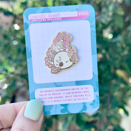 Cute Leusistic Axolotl Enamel Pin with Floral Decor
