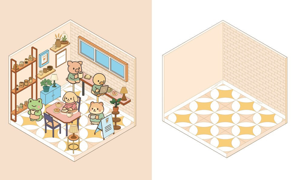 Create the coziest coffee shop imaginable, with six room sets and hundreds of stickers.

Welcome to a cozy world of absolute cuteness! Pick an empty space; furnish it, decorate it and fill it with furry little characters until it's a busy little coffee shop. Then carry on until you've created your own unique keepsake: there are six to complete in this book!
