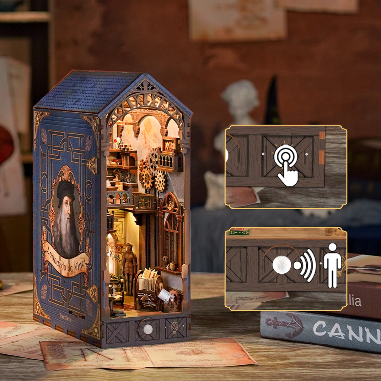 This miniature scene captures the soul of a Renaissance studio-arched windows filtering in warm light, a wooden easel displaying a half-finished sketch, parchment scrolls and notebooks scattered across a weathered worktable, and tools of invention and artistry tucked into every corner.&nbsp;

Illuminate your nook with a gentle tap on the touch-sensor power button. Or use the feature SMART SENSOR with a range of 20 inches, the LED light will seamlessly illuminate upon detection and gracefully fade out after 