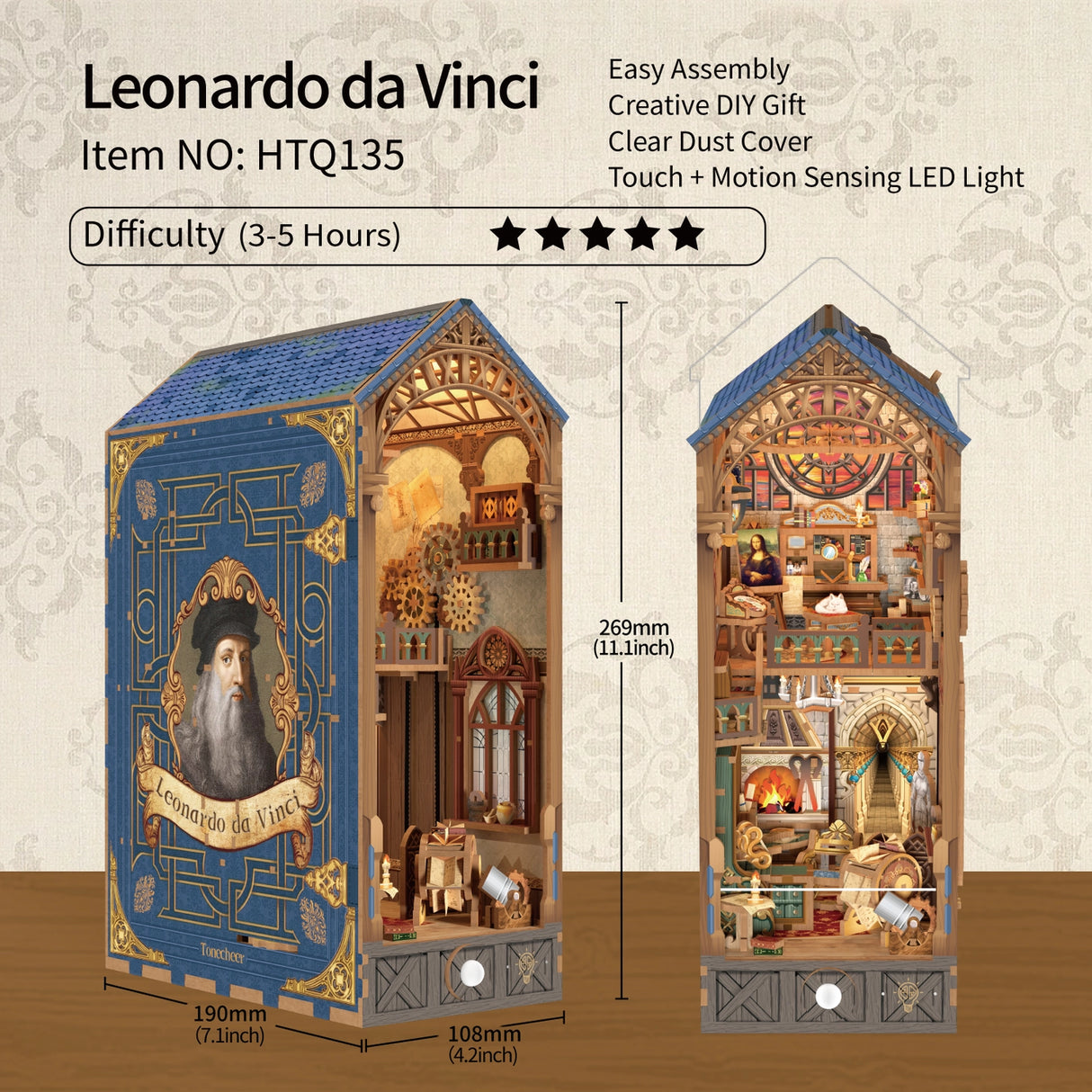 This miniature scene captures the soul of a Renaissance studio-arched windows filtering in warm light, a wooden easel displaying a half-finished sketch, parchment scrolls and notebooks scattered across a weathered worktable, and tools of invention and artistry tucked into every corner.&nbsp;

Illuminate your nook with a gentle tap on the touch-sensor power button. Or use the feature SMART SENSOR with a range of 20 inches, the LED light will seamlessly illuminate upon detection and gracefully fade out after 