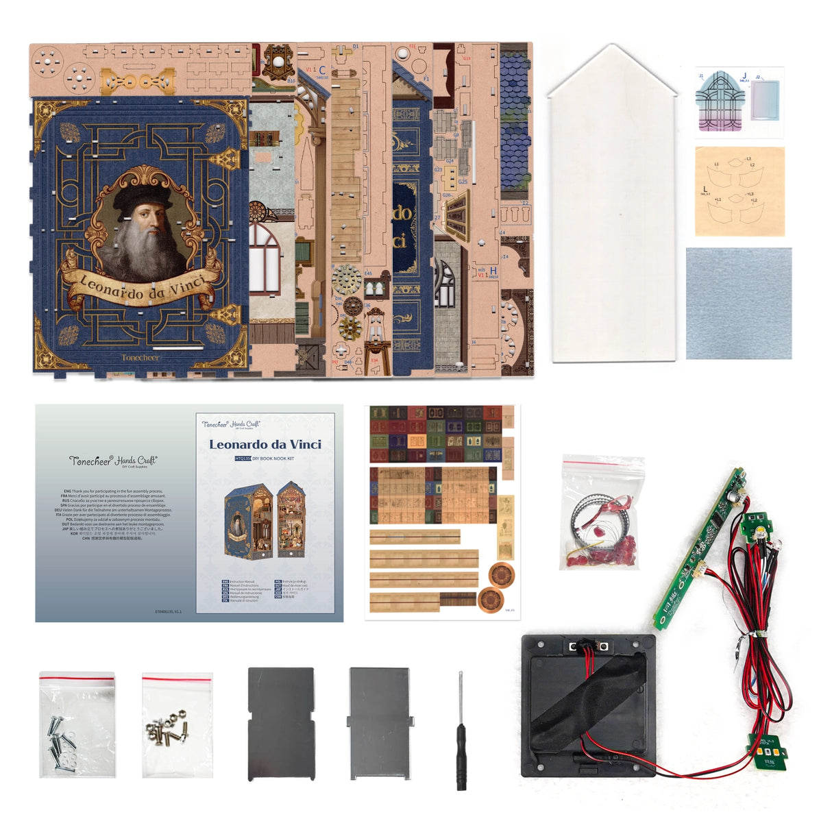This miniature scene captures the soul of a Renaissance studio-arched windows filtering in warm light, a wooden easel displaying a half-finished sketch, parchment scrolls and notebooks scattered across a weathered worktable, and tools of invention and artistry tucked into every corner.&nbsp;

Illuminate your nook with a gentle tap on the touch-sensor power button. Or use the feature SMART SENSOR with a range of 20 inches, the LED light will seamlessly illuminate upon detection and gracefully fade out after 