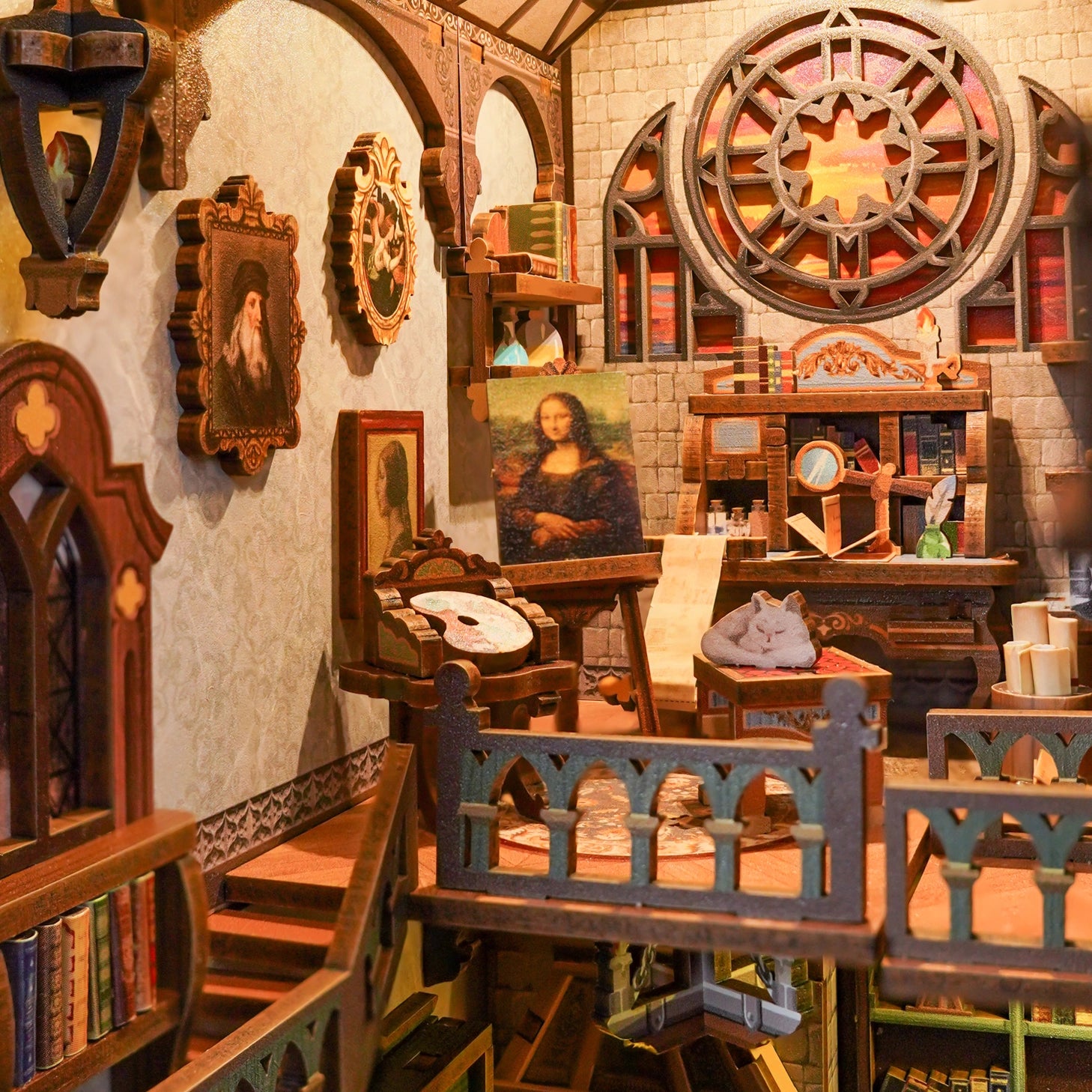 This miniature scene captures the soul of a Renaissance studio-arched windows filtering in warm light, a wooden easel displaying a half-finished sketch, parchment scrolls and notebooks scattered across a weathered worktable, and tools of invention and artistry tucked into every corner.&nbsp;

Illuminate your nook with a gentle tap on the touch-sensor power button. Or use the feature SMART SENSOR with a range of 20 inches, the LED light will seamlessly illuminate upon detection and gracefully fade out after 