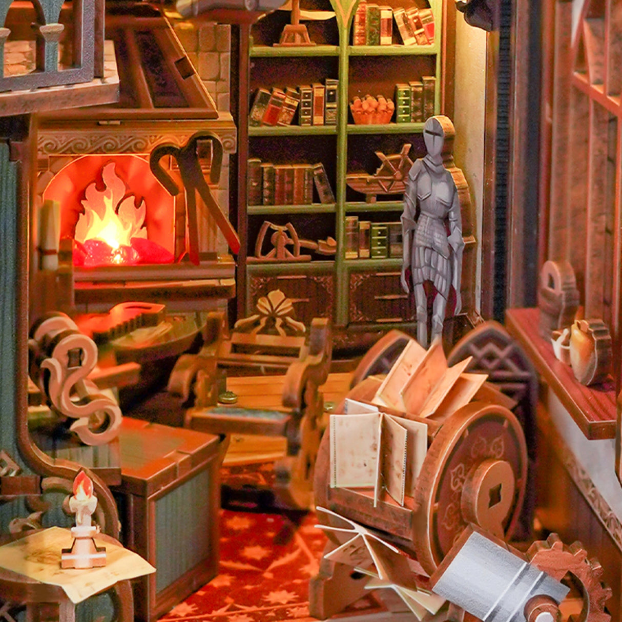This miniature scene captures the soul of a Renaissance studio-arched windows filtering in warm light, a wooden easel displaying a half-finished sketch, parchment scrolls and notebooks scattered across a weathered worktable, and tools of invention and artistry tucked into every corner.&nbsp;

Illuminate your nook with a gentle tap on the touch-sensor power button. Or use the feature SMART SENSOR with a range of 20 inches, the LED light will seamlessly illuminate upon detection and gracefully fade out after 