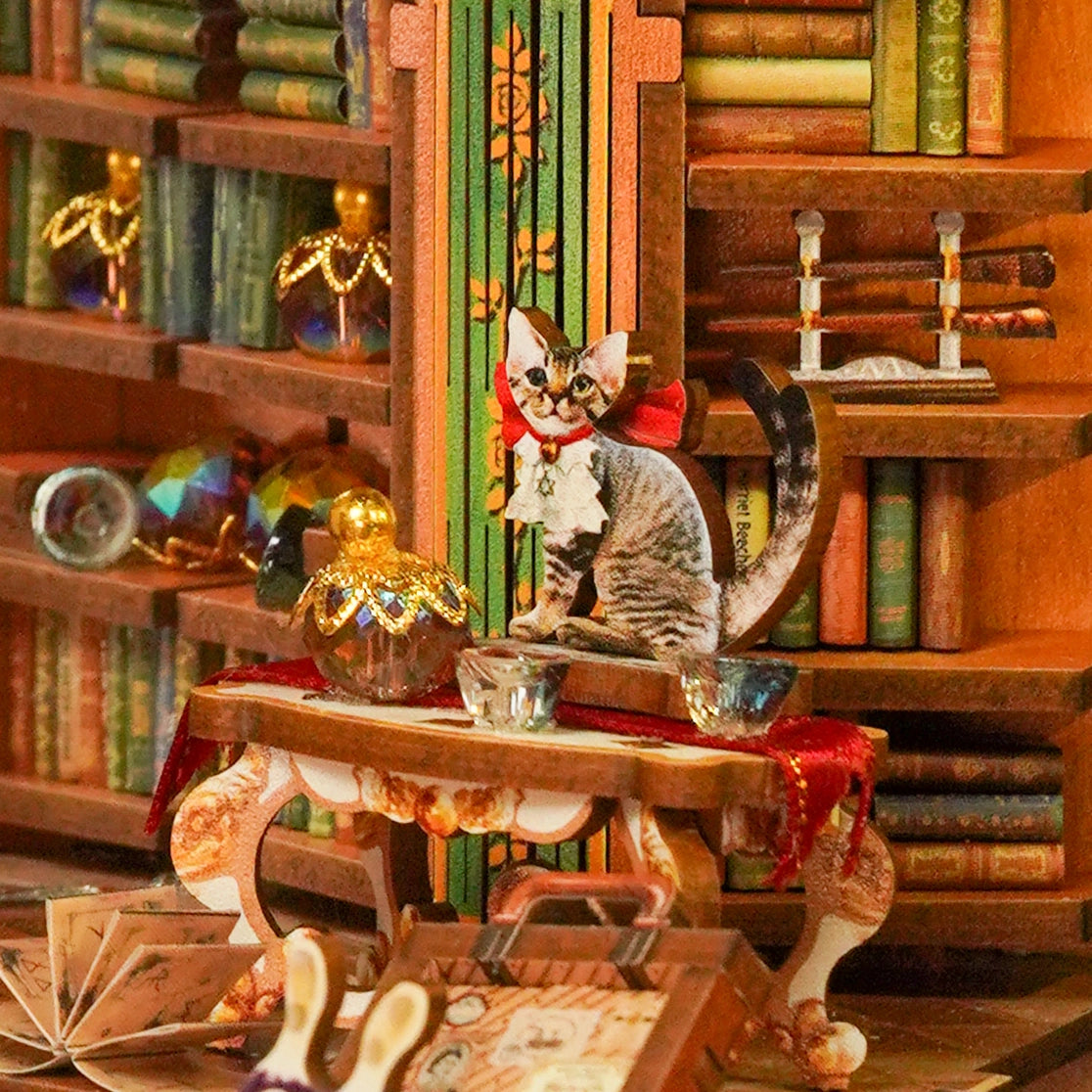 Venture into a realm where knowledge is power and magic lingers in the air with this captivating DIY book nook kit that brings a spellbinding scene to life-complete with soaring shelves, glowing lanterns, and a majestic white owl mid-flight, guiding the way through ancient tomes and arcane secrets.