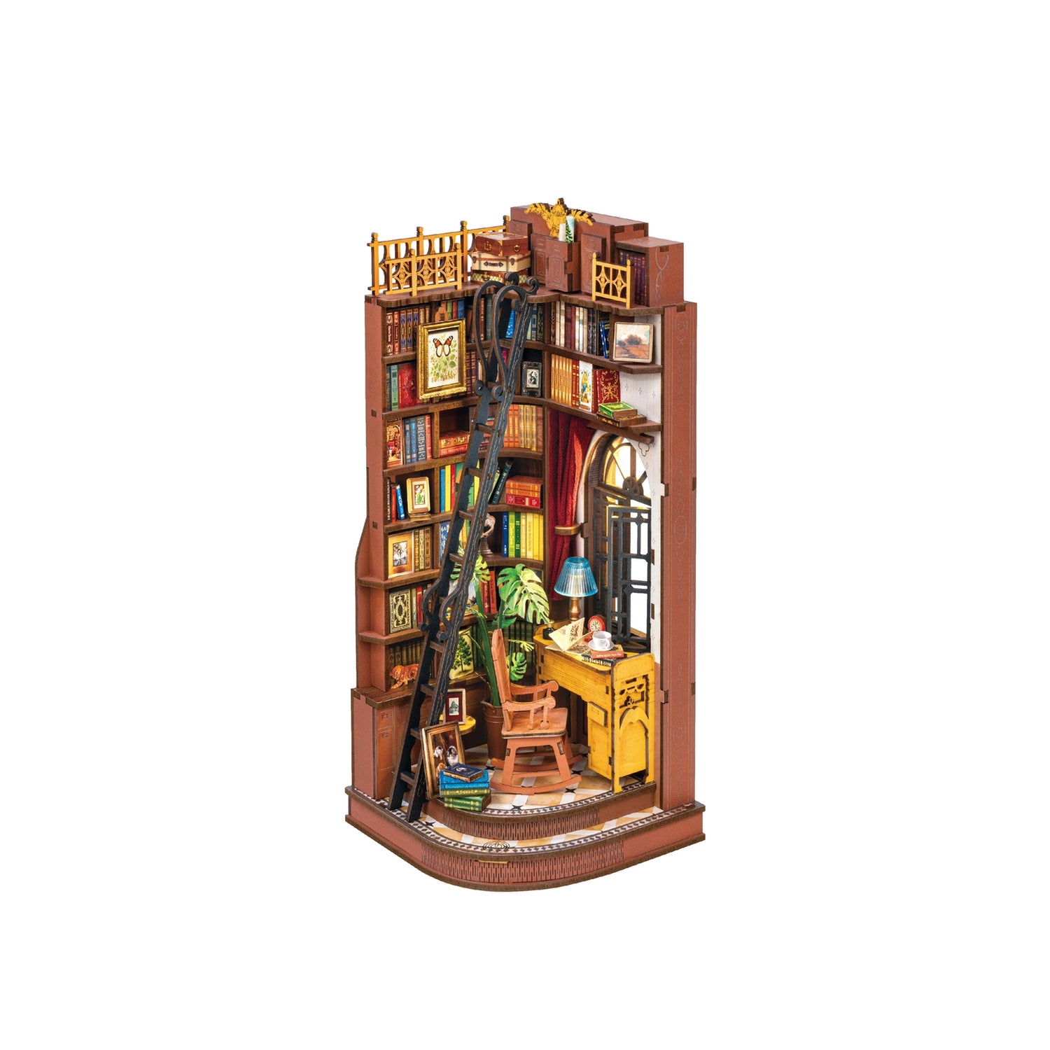 Silent Corner Study is a complete miniature bookshelf insert kit designed for craft enthusiasts and book lovers, featuring pre-cut wooden pieces, vintage-style furniture, bookshelves, and warm LED lighting that creates a cozy reading nook scene. Ideal for retail gift shops, bookstores, and hobby stores, this eye-catching decor item comes in compact, shelf-ready packaging with clear instructions and assembly tools included—making it a thoughtful gift and an engaging DIY project for adults and teens alike.