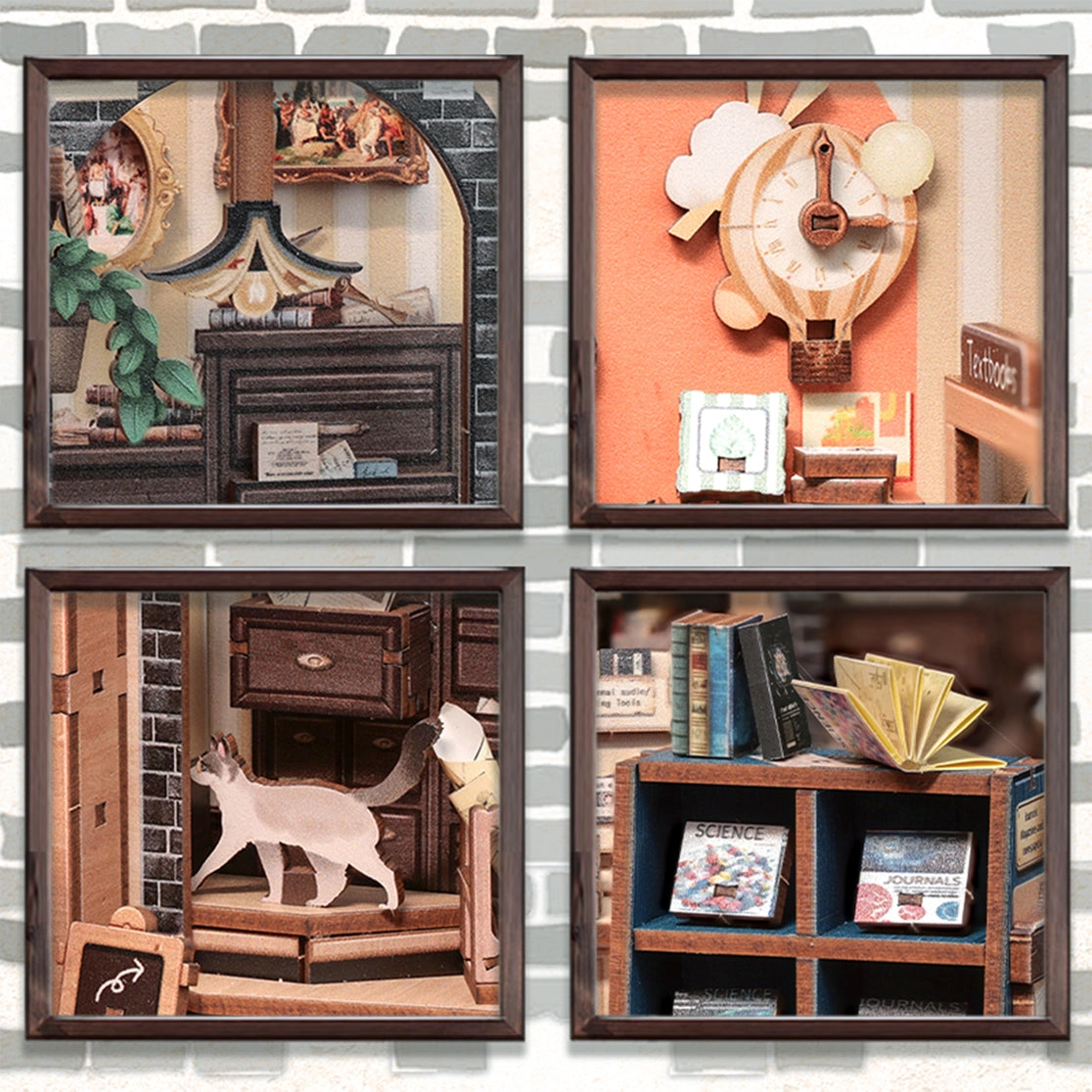 From the intricate woodwork of the storefront to the tiny posters, plants, and meticulously arranged reading materials inside, every piece invites you to slow down, take your time, and craft a scene that feels like a sanctuary for the soul. Whether you place it on your bookshelf or gift it to a fellow book lover, this book nook transforms any space into a story waiting to be told.