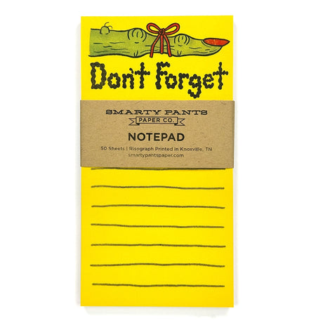 This witchy finger is pointing at YOU because you will forget… unless you write it down. Featuring a spooky green finger with a bright red string tied around it, this notepad is basically a slightly cursed personal assistant. Jotting down spells, snacks, errands, ominous prophecies, or that one thing you swore you’d remember but didn’t (again).

50 tear-off pages
4" x 7.5"
Magnet attached to back
60 lb text paper with brown chipboard backing
Risograph printed in Knoxville, TN
Packaged in a clear cellophane 