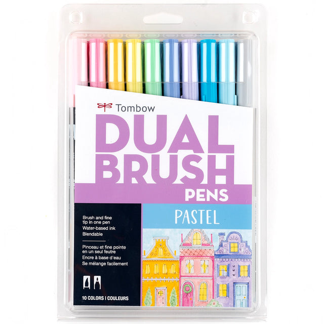 Set of 10 colors. Dual Brush Pens feature flexible brush tip and fine tip in one marker. Brush tip works like a paintbrush to create fine, medium or bold strokes; fine tip gives consistent lines. Dual Brush Pens are ideal for artists and crafters. The water-based ink is blendable and the resilient nylon brush retains its point stroke after stroke.

Colors include: 761 Carnation, 723 Pink, 991 Light Ochre, 062 Pale Yellow, 243 Mint, 451 Sky Blue, 452 Process Blue, 553 Mist Purple, 620 Lilac, N95 Cool Gray 1.