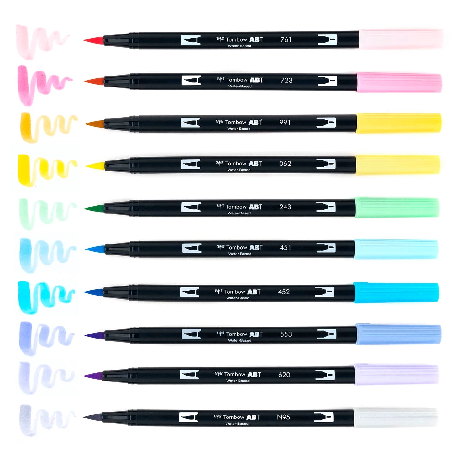 Set of 10 colors. Dual Brush Pens feature flexible brush tip and fine tip in one marker. Brush tip works like a paintbrush to create fine, medium or bold strokes; fine tip gives consistent lines. Dual Brush Pens are ideal for artists and crafters. The water-based ink is blendable and the resilient nylon brush retains its point stroke after stroke.

Colors include: 761 Carnation, 723 Pink, 991 Light Ochre, 062 Pale Yellow, 243 Mint, 451 Sky Blue, 452 Process Blue, 553 Mist Purple, 620 Lilac, N95 Cool Gray 1.