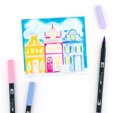 Set of 10 colors. Dual Brush Pens feature flexible brush tip and fine tip in one marker. Brush tip works like a paintbrush to create fine, medium or bold strokes; fine tip gives consistent lines. Dual Brush Pens are ideal for artists and crafters. The water-based ink is blendable and the resilient nylon brush retains its point stroke after stroke.

Colors include: 761 Carnation, 723 Pink, 991 Light Ochre, 062 Pale Yellow, 243 Mint, 451 Sky Blue, 452 Process Blue, 553 Mist Purple, 620 Lilac, N95 Cool Gray 1.