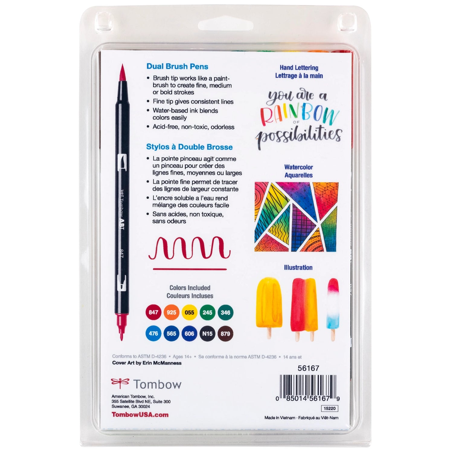 New, updated color palette! Set of 10 colors. Dual Brush Pens feature flexible brush tip and fine tip in one marker. Brush tip works like a paintbrush to create fine, medium or bold strokes; fine tip gives consistent lines. Dual Brush Pens are ideal for artists and crafters. The water-based ink is blendable and the resilient nylon brush retains its point stroke after stroke.