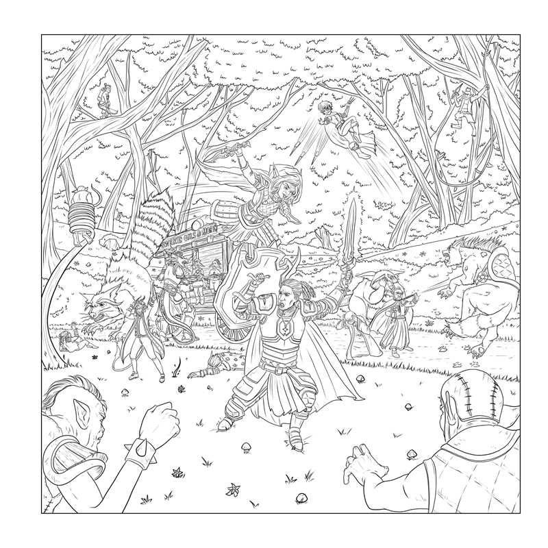 Follow a party of adventurers and color in their journey as they visit taverns, fight off monsters, and save the day in this coloring book-meets-RPG adventure made just for tabletop RPG players.

Düngeonmeister: The Goblin Quest Coloring Book is filled with coloring pages based on classic fantasy tabletop adventures, with playable game elements to inspire your next quest.

The coloring pages follow a party of heroes as they travel through their game world, encountering monsters, ambushes, and other adventur