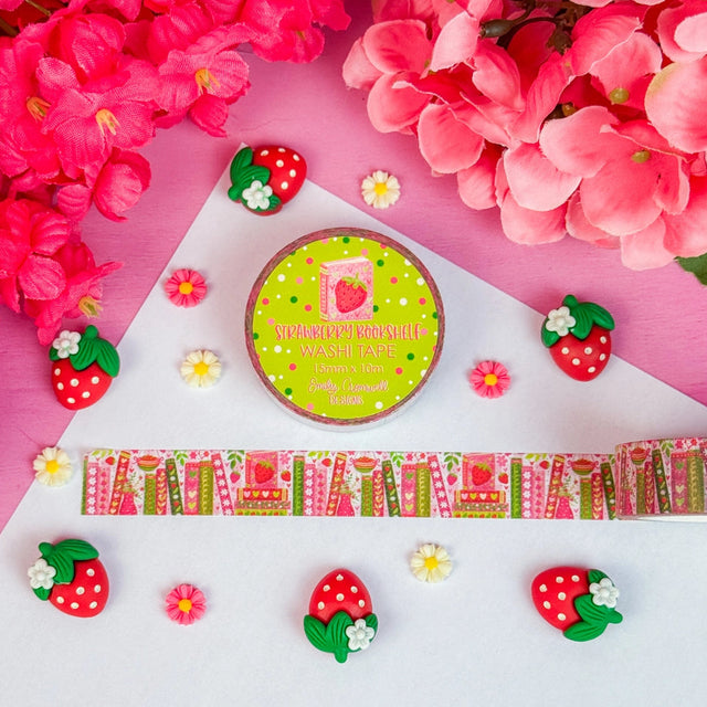 Add a pop of strawberry fun to your projects with our adorable Strawberry Bookshelf washi tape! Perfect for using in your planner, crafts, scrapbooking, and creative decorating, this cute washi tape sticks securely yet removes cleanly without damage.&nbsp;

Details:

Size: 15mm width x 10m length
Removable Washi Tape
Slightly Transparent
Features my hand drawn design as a repeat pattern